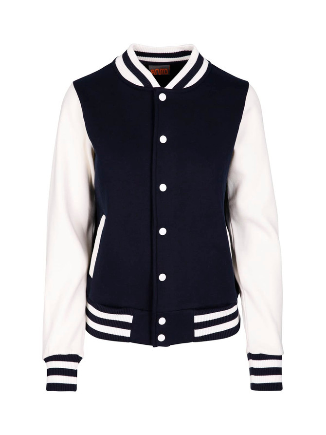 A navy and white women's varsity jacket featuring a button front and striped ribbed cuffs. It has a logo on the chest.