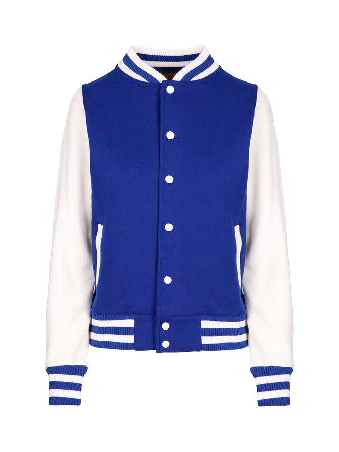 A blue and white women's junior varsity jacket featuring a logo, with striped cuffs and collar.