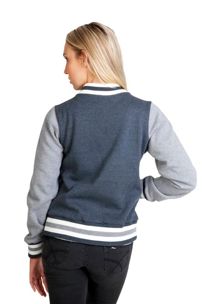 A women's varsity jacket featuring a grey and navy colour scheme with striped ribbing and a logo on the sleeve.