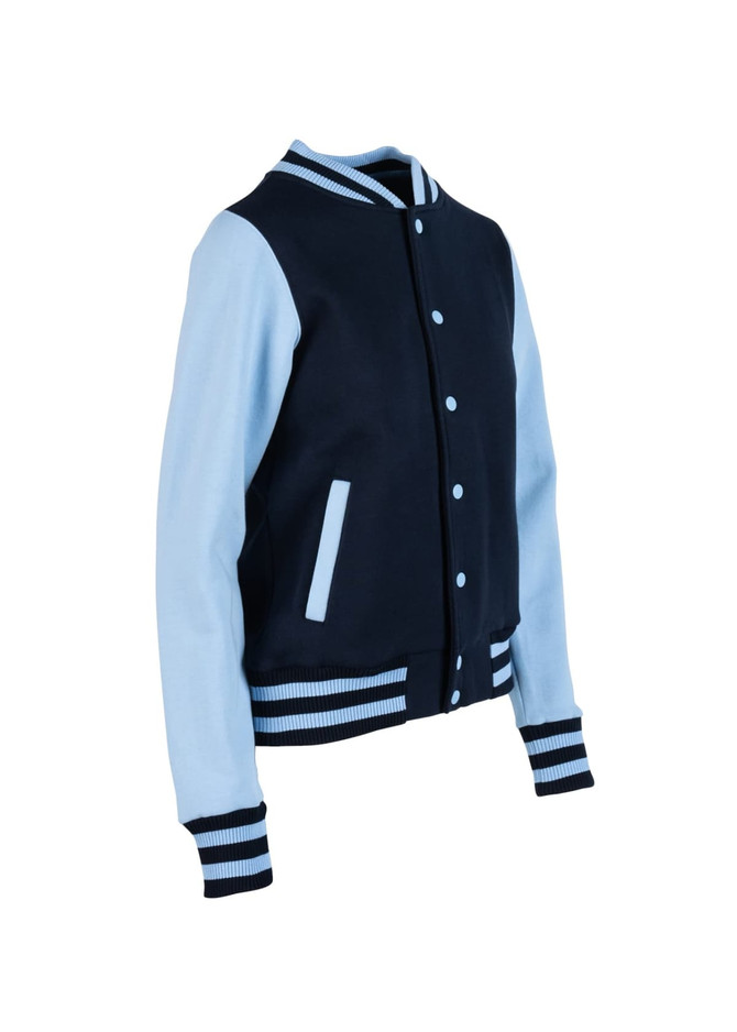 A women's junior varsity jacket featuring a navy body with light blue sleeves and striped cuffs. Includes branding.