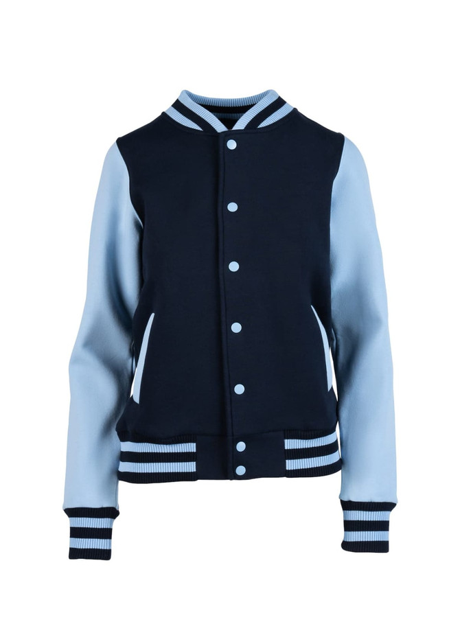 A navy and light blue varsity jacket featuring a logo and striped detailing on the cuffs and hem.