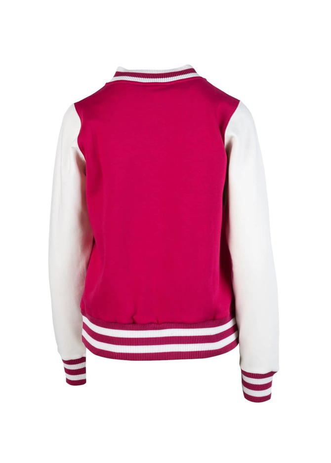 A women's junior varsity jacket featuring a fuchsia body and white sleeves, with striped ribbing at the cuffs and hem.