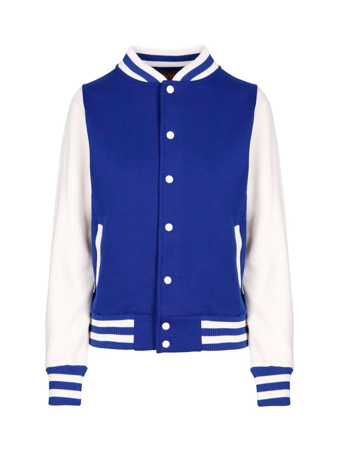 A blue and white varsity jacket with a button-up front and striped collar and cuffs. It features a logo.
