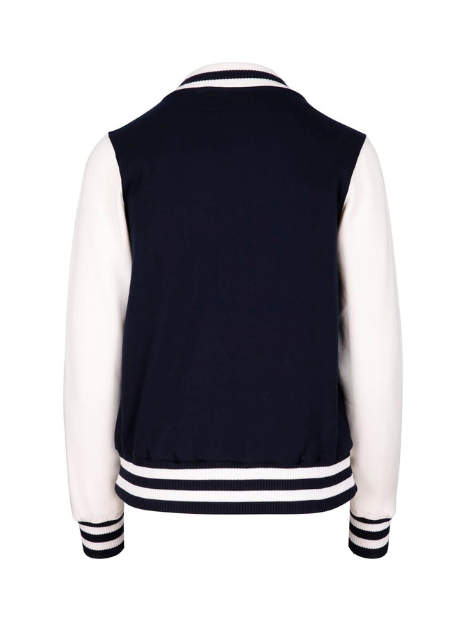 A women's junior varsity jacket in navy blue with white sleeves and striped ribbing on the collar and cuffs.
