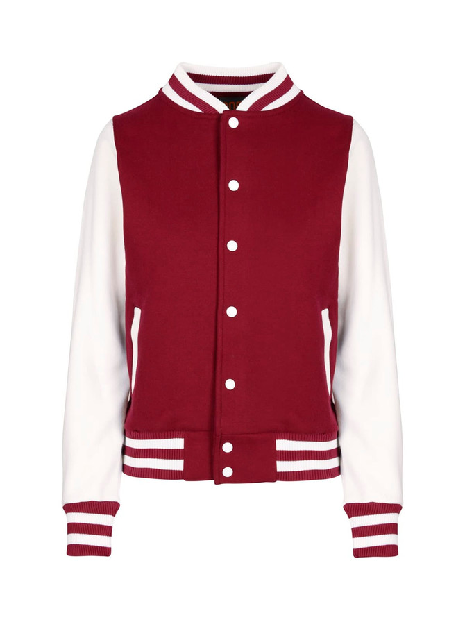 A women's junior varsity jacket in burgundy and white, featuring a sporty design and striped ribbing.