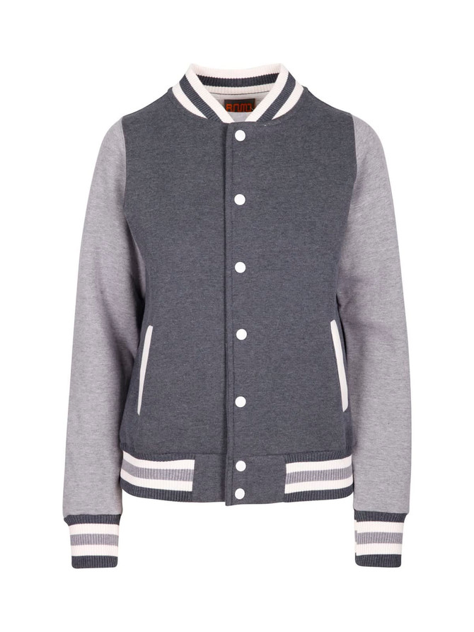 A grey women's junior varsity jacket featuring contrast sleeves and a ribbed hem with a logo.