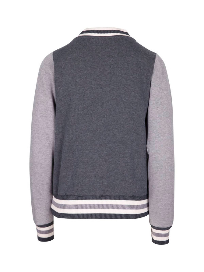 A grey and light grey women’s junior varsity jacket with contrasting ribbed cuffs, collar, and waistband, featuring a logo.