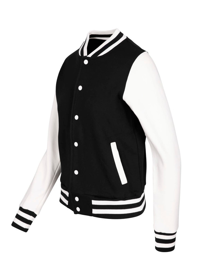 A black and white varsity jacket featuring striped cuffs and a front pocket, with a logo on the chest.