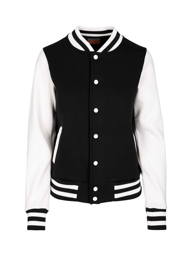 A black and white women's varsity jacket with a button front and striped cuffs. It features a logo on the chest.