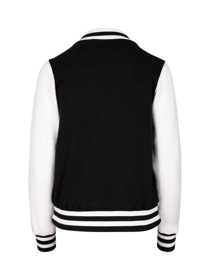 A black and white women's varsity jacket with a striped ribbed collar and cuffs, featuring a logo on the back.