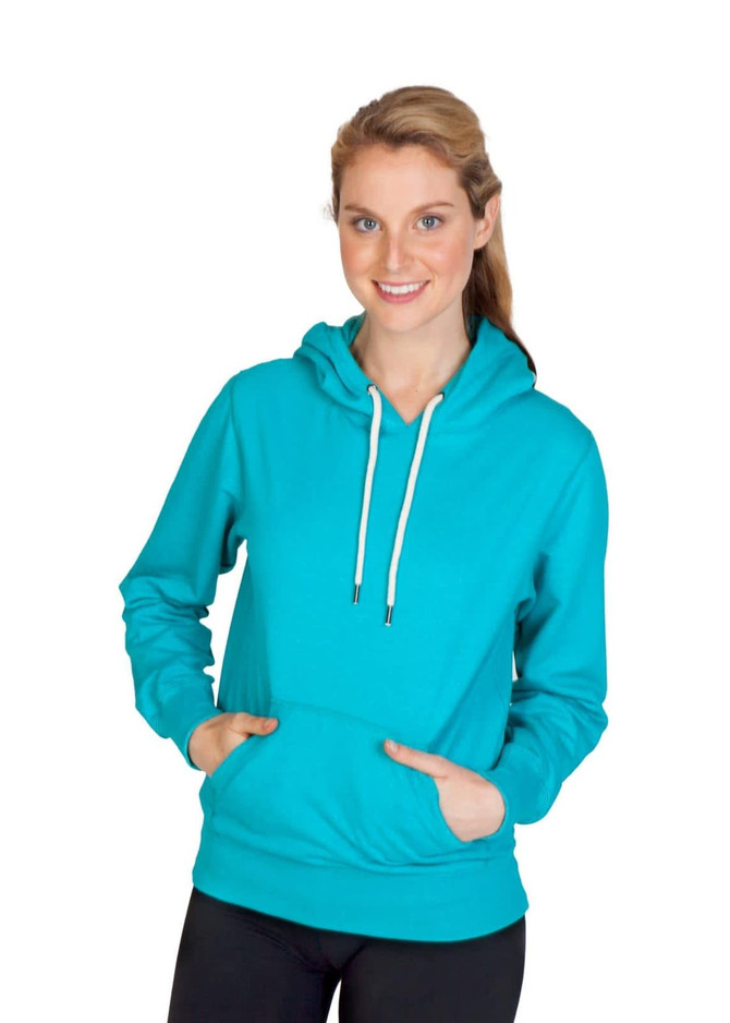 A turquoise hoodie with a front pocket and drawstring hood, featuring a logo.