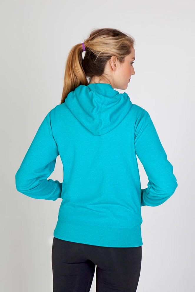 A vibrant turquoise hoodie with a fitted design, featuring a hood and kangaroo pocket, shown from the back.