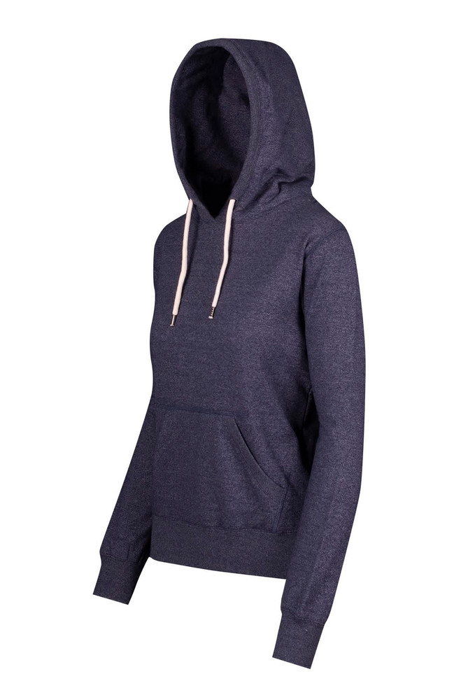 A women's junior hoodie in heather navy with a front pocket and drawstring hood. It features a logo on the front.