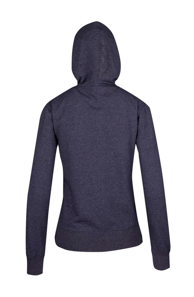A dark heather hoodie with a fitted design and a hood, featuring long sleeves and a back view.