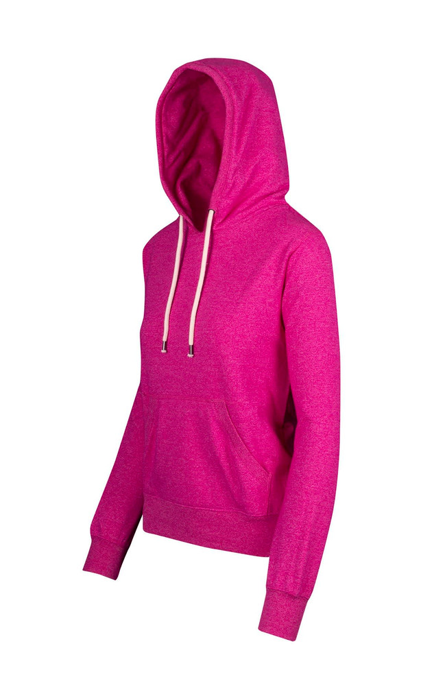 A pink heather hoodie with a kangaroo pocket and adjustable drawstring hood. The hoodie features a branded logo.