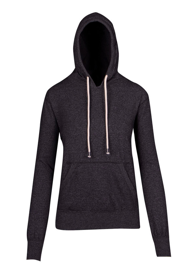 A grey heather hoodie with a front pocket and drawstring hood. The hoodie features a logo.