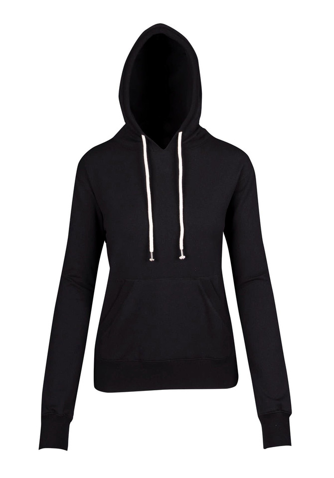 A black women's hoodie featuring a front pocket, drawstring, and a hood, with a logo present.