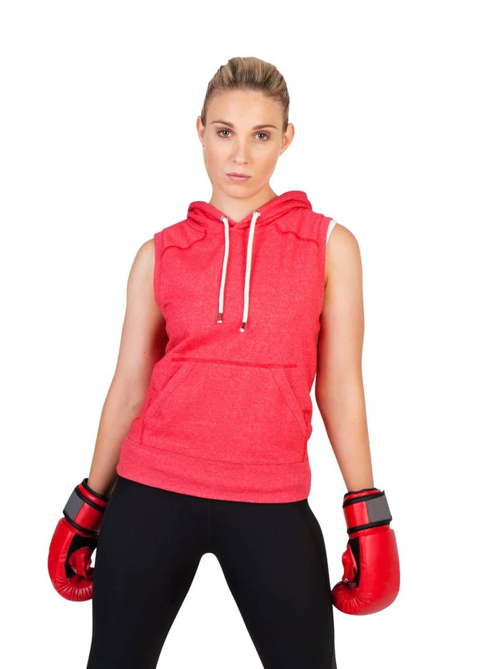A sleeveless red hoodie with a front pocket, worn by a model wearing boxing gloves.