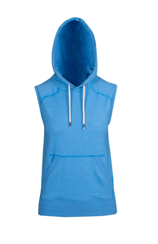 A sleeveless blue hoodie featuring a hood and front pocket, with an adjustable drawstring.