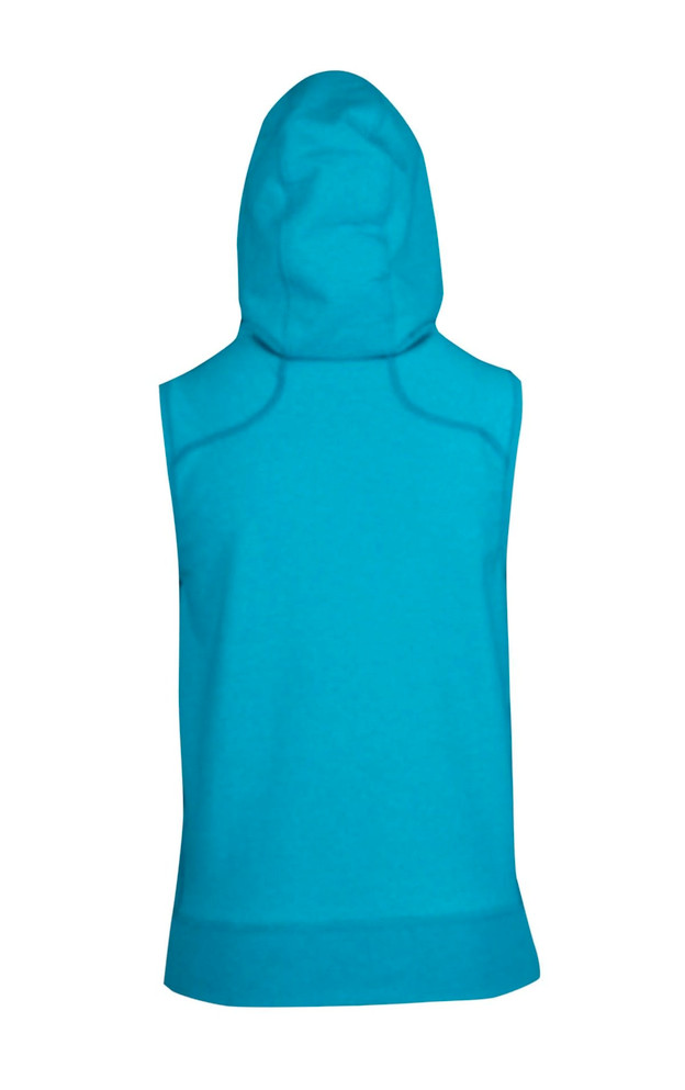 A sleeveless hoodie in heather blue, featuring a lined hood and a logo on the back.