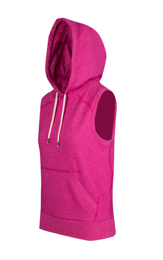 A sleeveless hoodie in vibrant pink with a hood and front pocket, featuring a logo on the design.