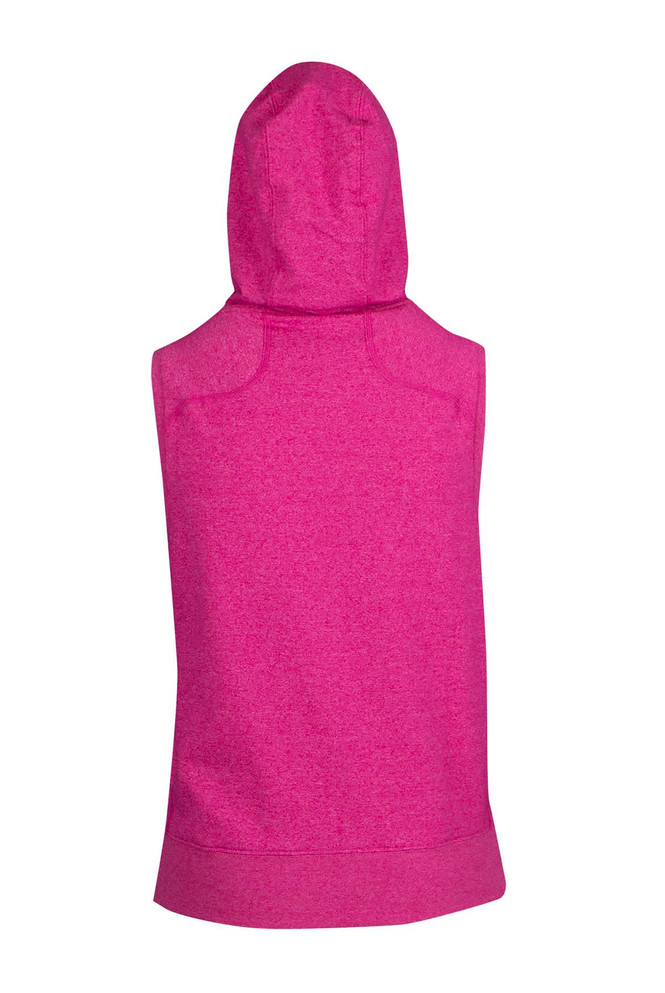 A sleeveless hoodie in a bright pink heather fabric, featuring a hood and a minimalist design.