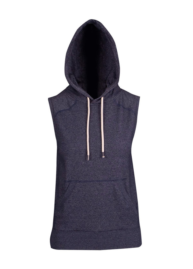 Sleeveless hoodie in dark heather grey, featuring a pouch pocket and drawstring hood, with a branding logo.