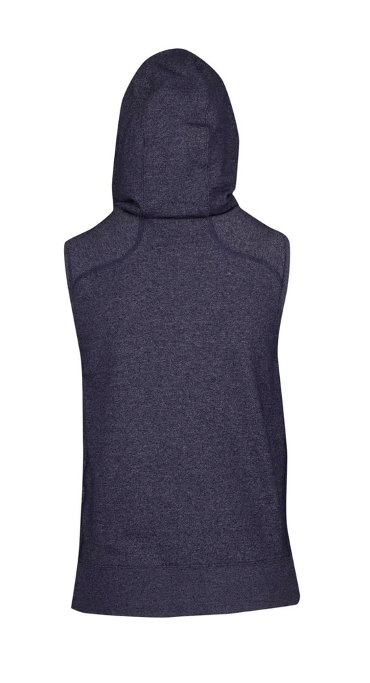 A sleeveless hoodie in dark heather grey with a hood, featuring a simple design and no visible branding.