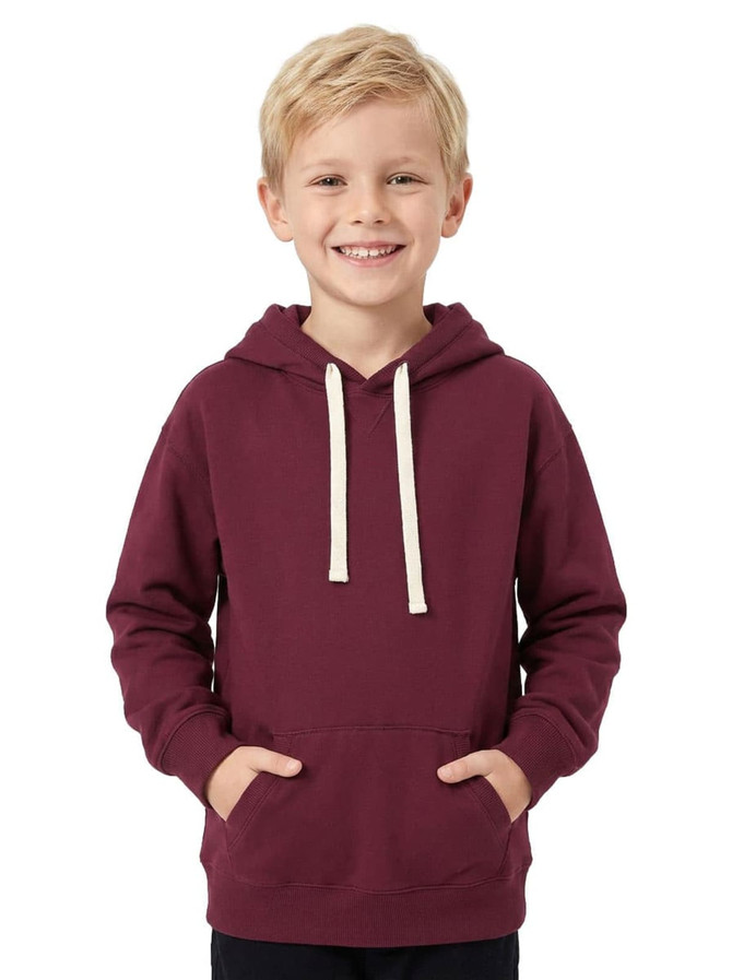 A burgundy heavy fleece hoodie featuring a front pocket and drawstring hood, suitable for juniors.