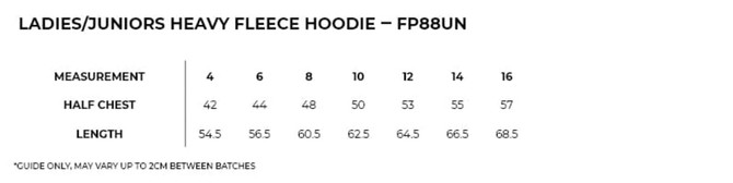 A table displaying size measurements for a women's/juniors heavy fleece hoodie, including half chest and length in centimetres.