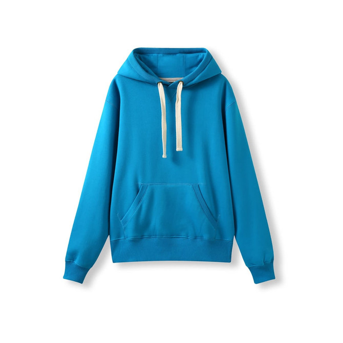A blue women's heavy fleece hoodie featuring a front pocket and a hood with cream drawstrings.