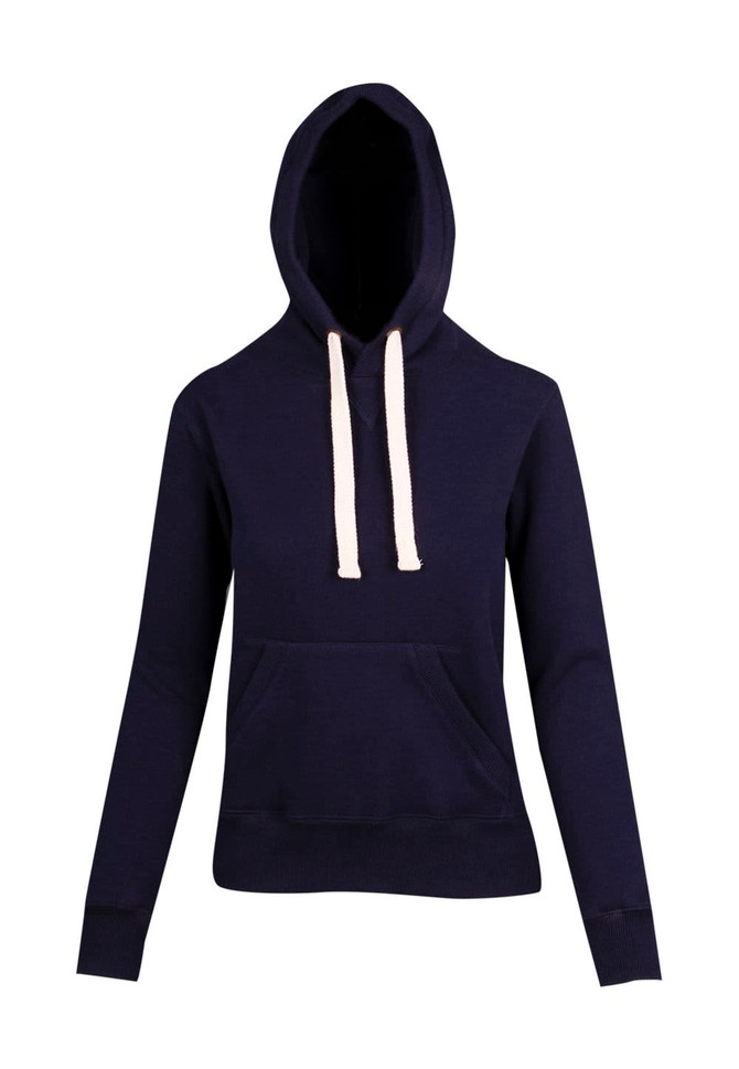 A navy blue heavy fleece hoodie with a front pocket and contrasting drawstrings, featuring a logo.
