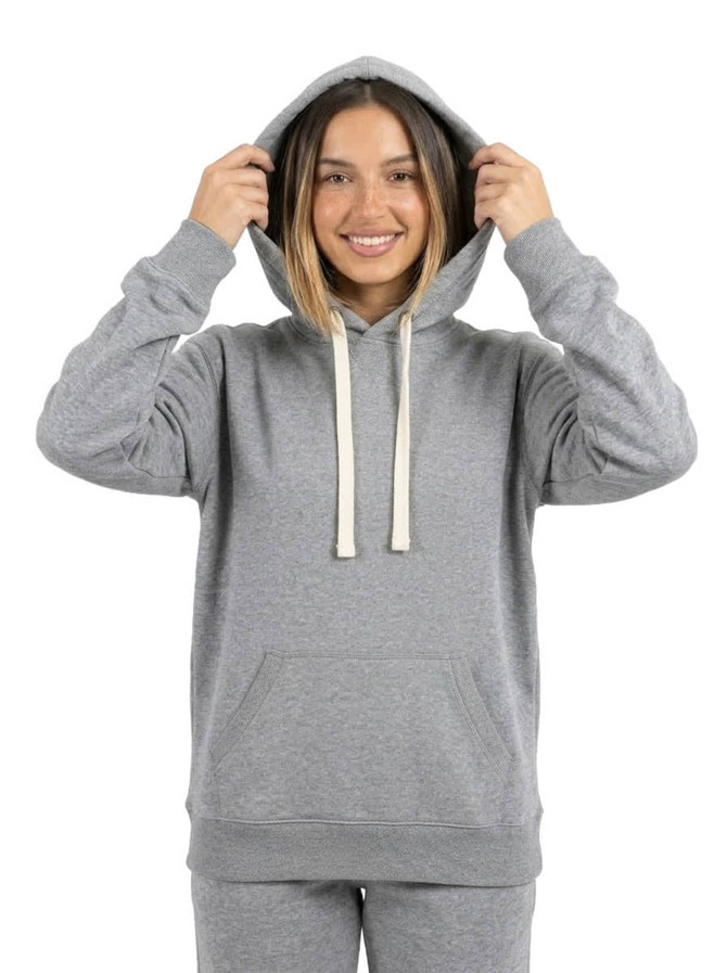 A blue heavy fleece hoodie and a grey heavy fleece hoodie, both with pockets and drawstring hoods, featuring a logo.