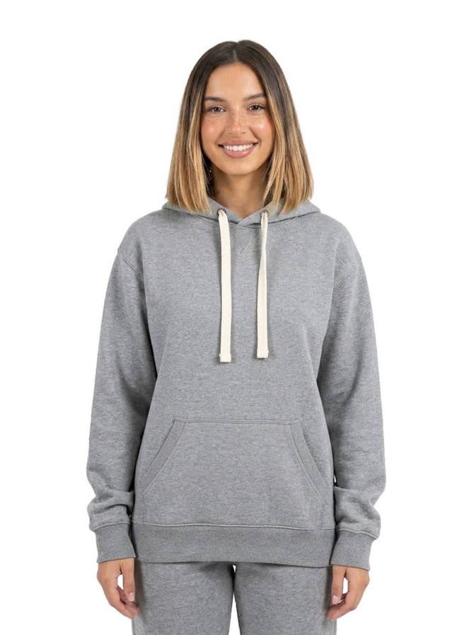 A purple women's heavy fleece hoodie and a blue men's heavy fleece hoodie, both featuring a logo and drawstring.