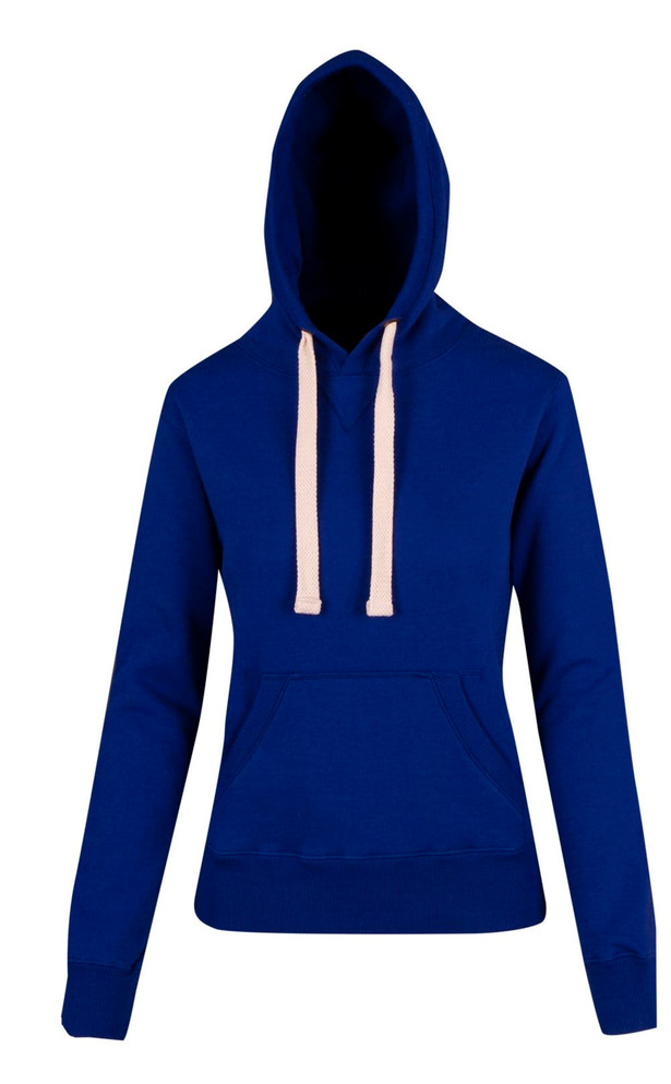 A blue heavy fleece hoodie with a front pocket and cream-coloured drawstrings, featuring a logo.
