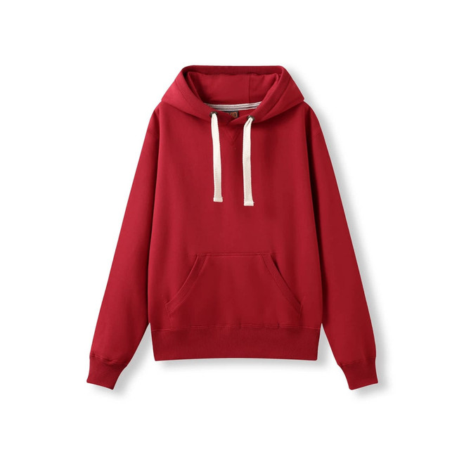 A red heavy fleece hoodie with a hood, front pocket, and contrasting drawstrings. It has a logo on the front.