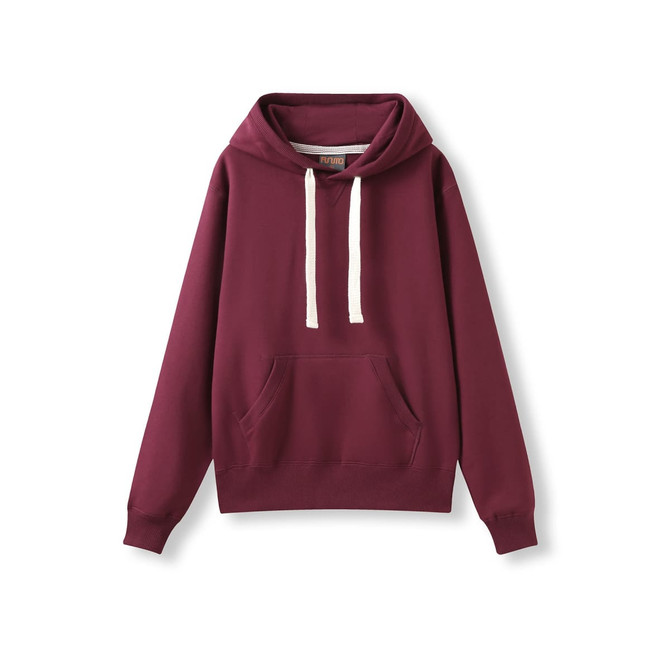 A women's juniors heavy fleece hoodie in a deep burgundy colour with a front pocket and drawstrings.