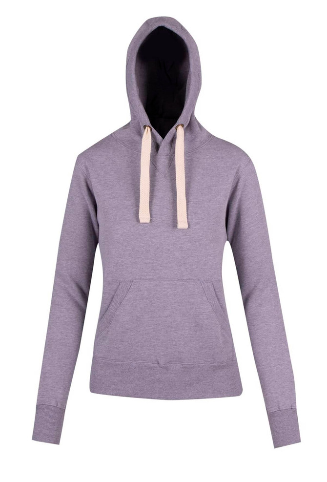 A women's heavy fleece hoodie in grey with a front pocket and a hood, featuring a contrasting drawstring.