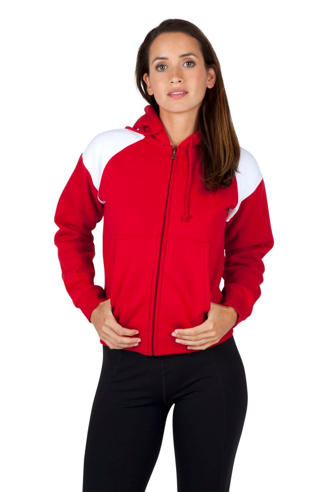 A red hoodie with white shoulder contrast, featuring a zip front. Model wears it with black leggings.