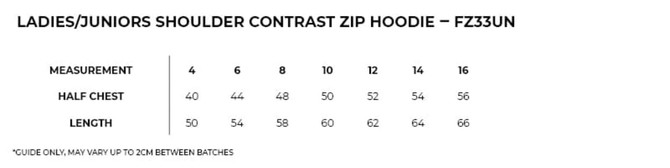 A size chart for the Women's/Juniors Shoulder Contrast ZIP Hoodie, featuring measurements for various sizes.