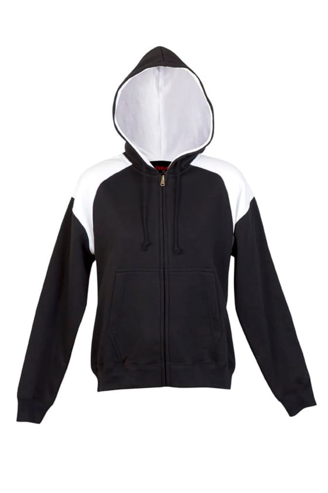 A women's juniors shoulder contrast zip hoodie featuring black and white panels and a front pocket.