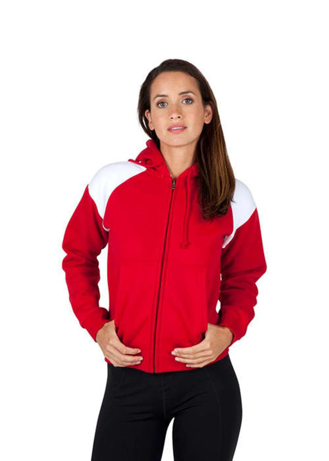 A red hoodie with white shoulder contrast and a zip front, featuring a hood and a fitted design.
