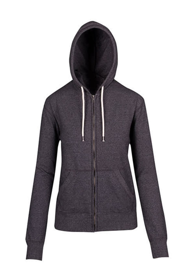 A heather grey zip hoodie featuring a hood and long sleeves, with a logo on it.