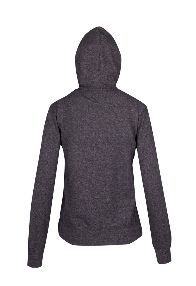A dark grey zip hoodie with a fitted design and a hood, featuring long sleeves and a simple back view.