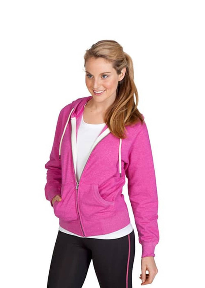 A pink women's zip hoodie with a front zip and pockets, paired with a white top and black leggings.