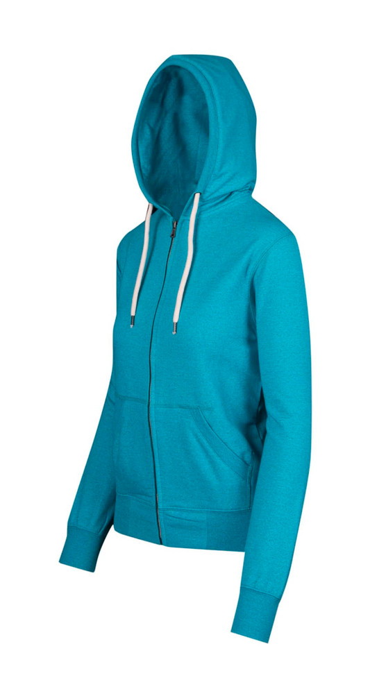 A teal zip hoodie for women or juniors, featuring a hood and front pockets. It has a small logo on it.
