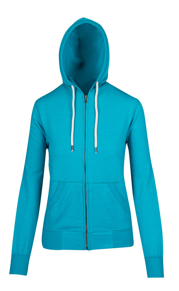 Heather zip hoodie in vibrant turquoise, featuring a front zipper and two pockets. Includes a hood and drawstrings.