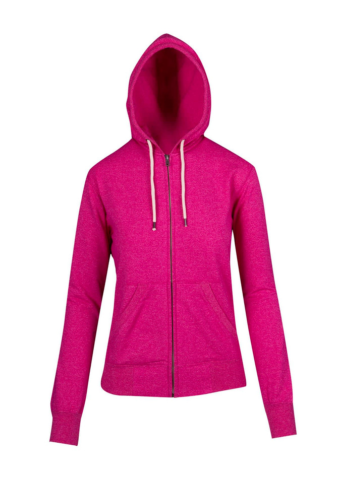 A pink zip hoodie with a hood, featuring a front zipper and pockets. It has a logo on it.