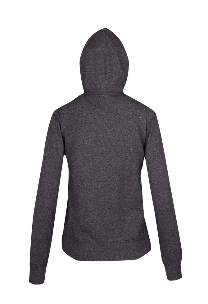 A grey zip-up hoodie with a hood and long sleeves, featuring a logo on the back.