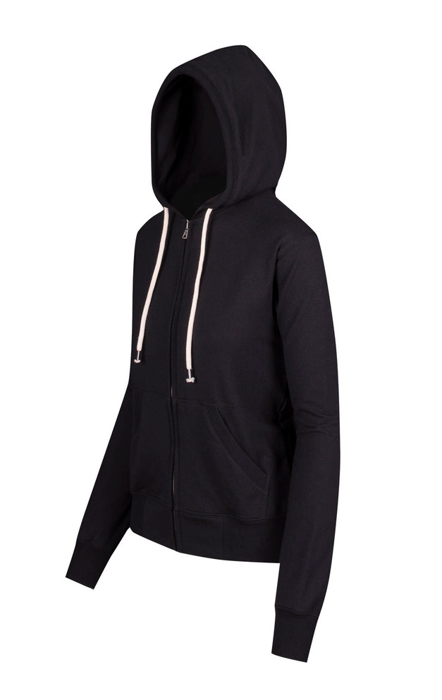 A black zip hoodie with a hood, featuring drawstrings and front pockets, has a simple design and fitted style.